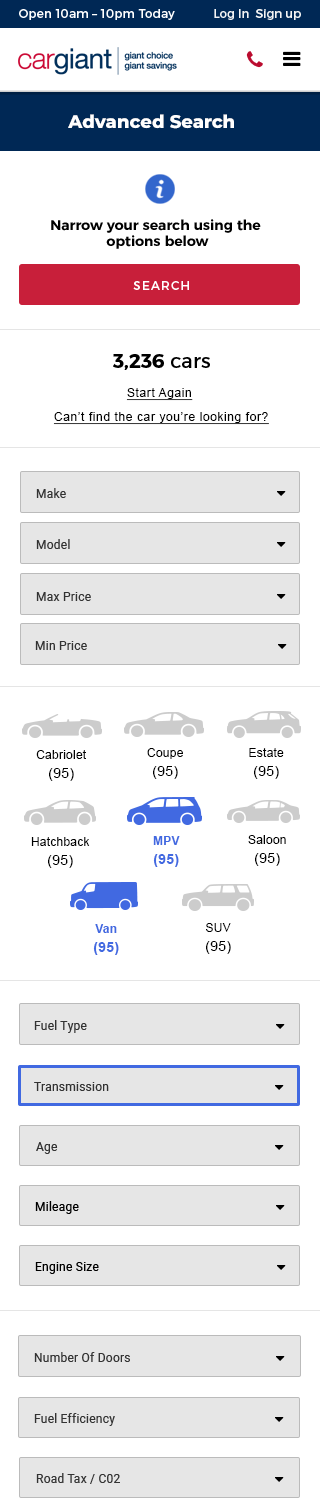Mobile view of Advanced search design